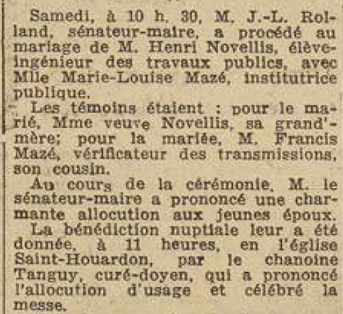 Landerneau mariage Novellis Henri Mazé Marie-Louise Le Télégramme 25 Juillet 1955