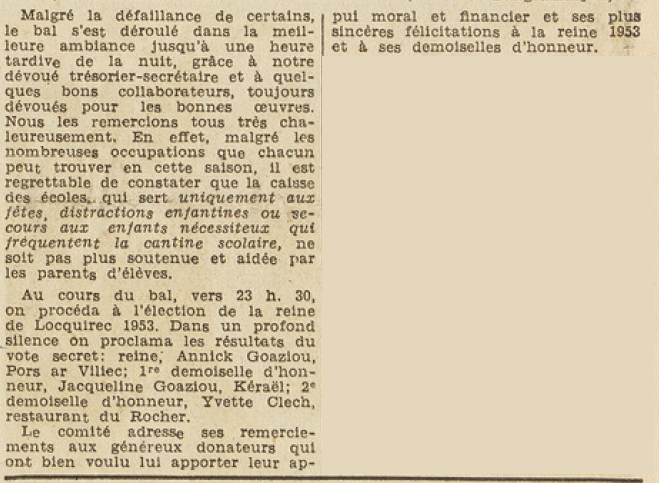 Locquirec 1953 Reine Goaziou Annick Goaziou Jacqueline et Clech Yvette demoiselles d'honneur Le Télégramme de Brest 4 Août 1953