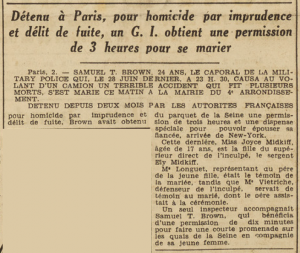Mariage à Paris G.I Samuel T. Brown Miss Joyce Midkiff Le Télégramme 3 Septembre 1955