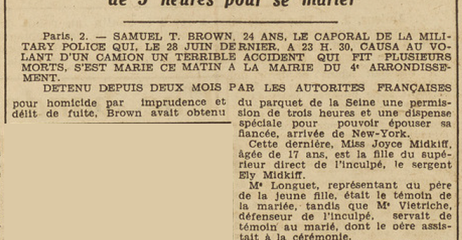 Mariage à Paris G.I Samuel T. Brown Miss Joyce Midkiff Le Télégramme 3 Septembre 1955