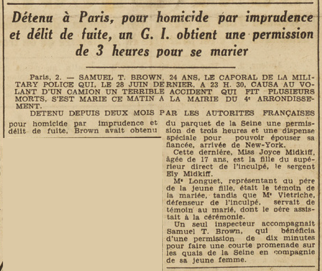 Mariage à Paris G.I Samuel T. Brown Miss Joyce Midkiff Le Télégramme 3 Septembre 1955