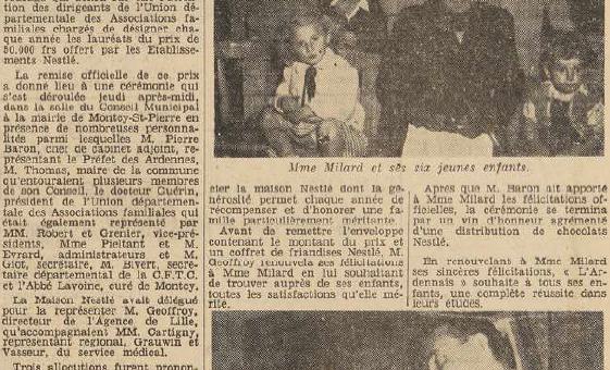 Montcy-Saint-Pierre Madame André Milard 7 enfants Prix Départemental Nestlé née Yvonnne Peth L'Ardennais 24 septembre 1954