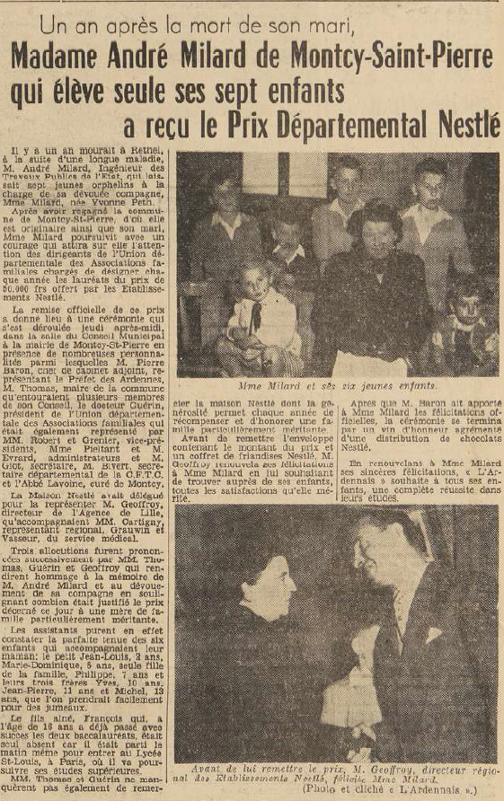 Montcy-Saint-Pierre Madame André Milard 7 enfants Prix Départemental Nestlé née Yvonnne Peth L'Ardennais 24 septembre 1954