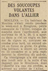 Moulins des soucoupes volantes dans l'Allier L'Ardennais 23 septembre 1954