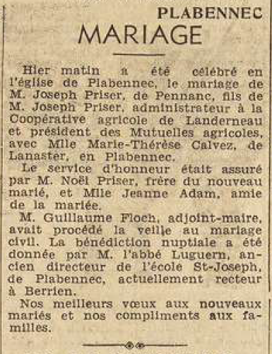 Plabennec Mariage Priser Joseph avec Calvez Marie Thérèse Le Télégramme de Brest 8 Septembre 1955
