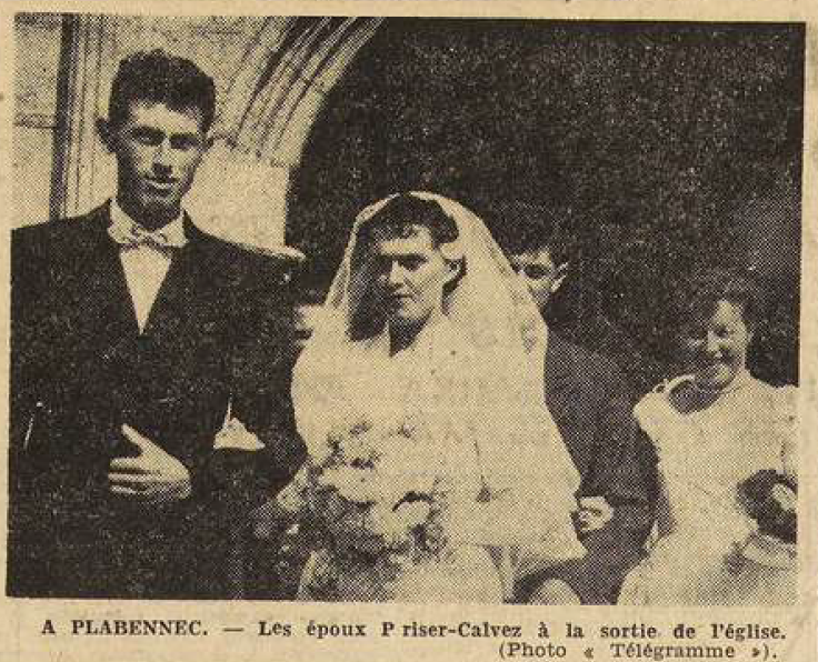 Plabennec mariage Priser Joseph et Calvez Marie Thérèse Le Télégramme de Brest 8 Septembre 1955