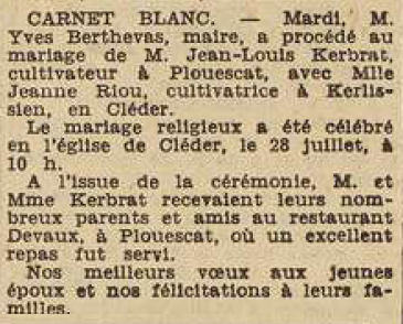 Ploescat mariage Kerbrat Jean Louis Riou Jeanne Le Télégramme 30 Juillet 1955