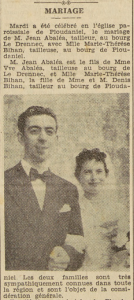 Ploudaniel Mariage Abaléa Jean Bihan Marie-Thérèse Le Télégramme de Brest 22 Août 1953