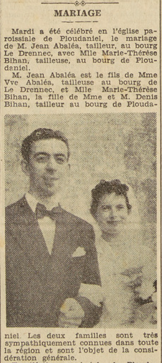 Ploudaniel Mariage Abaléa Jean Bihan Marie-Thérèse Le Télégramme de Brest 22 Août 1953