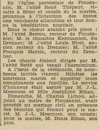 Ploudaniel Mariage photo Abaléa Jean Bihan Marie-Thérèse Le Télégramme de Brest 22 Août 1953