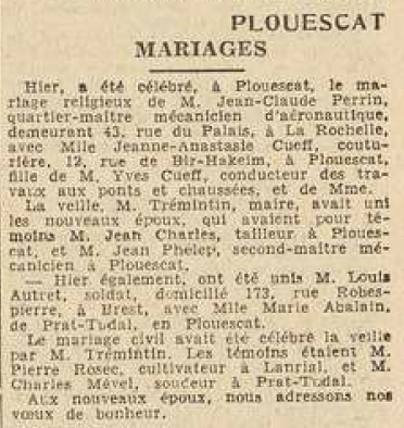 Plouescat Mariages Le Télégramme de Brest 21 juillet 1954