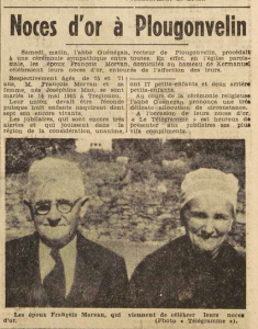 Plougonvelin Noces d'Or Morvan François et Mao Joséphine Le Télégramme de Brest 5 Septembre 1955