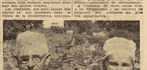 Plougonvelin Noces d'Or Morvan François et Mao Joséphine Le Télégramme de Brest 5 Septembre 1955