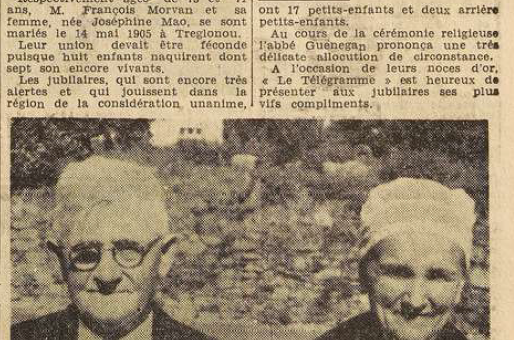 Plougonvelin Noces d'Or Morvan François et Mao Joséphine Le Télégramme de Brest 5 Septembre 1955