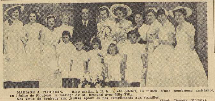 Ploujean mariage Mr Bescond avec Mlle Tilly Le Télégramme de Brest 21 juillet 1954