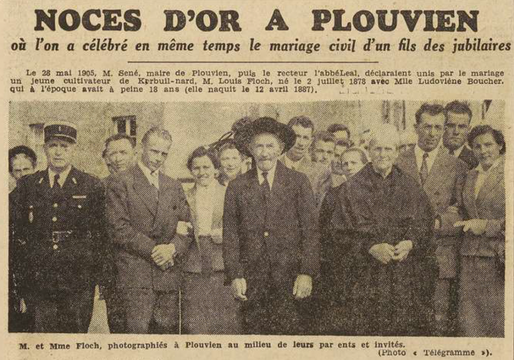 Plouvien Noces d'Or époux Floch Le Télégramme de Brest 12 septembre 1955