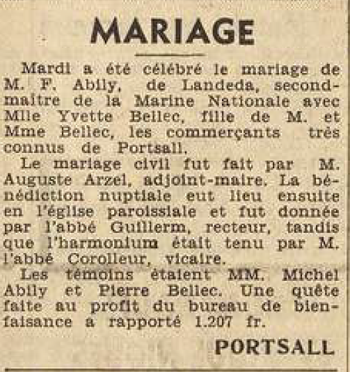Portsall Mariage Abily F avec Bellec Yvette Le Télégramme de Brest 8 Septembre 1955