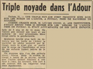 Pouzac Triple noyade Lucien Cougi Le Télégramme de Brest 22 juillet 1954
