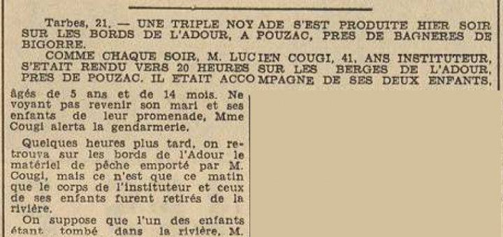 Pouzac Triple noyade Lucien Cougi Le Télégramme de Brest 22 juillet 1954