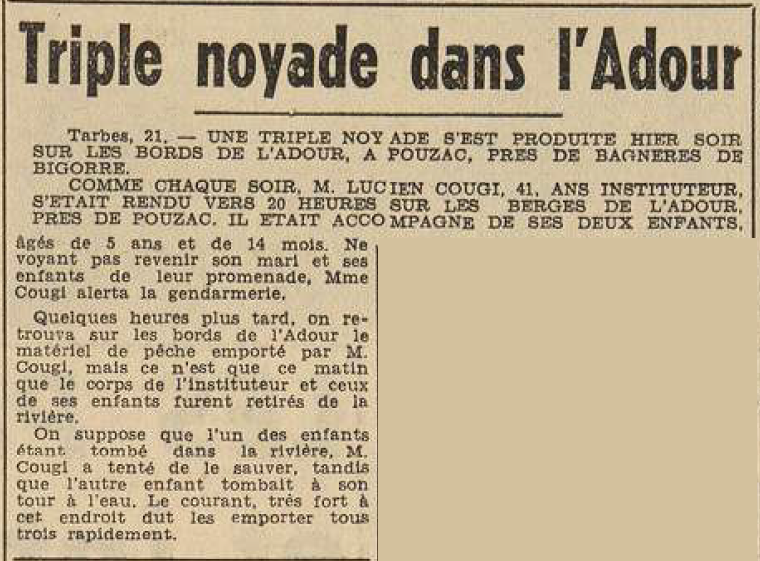 Pouzac Triple noyade Lucien Cougi Le Télégramme de Brest 22 juillet 1954