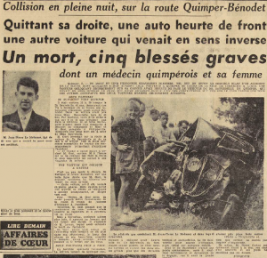 Quimper Accident de voiture Le Moënner Jean-Pierre Le Télégramme de Brest 6 Septembre 1955