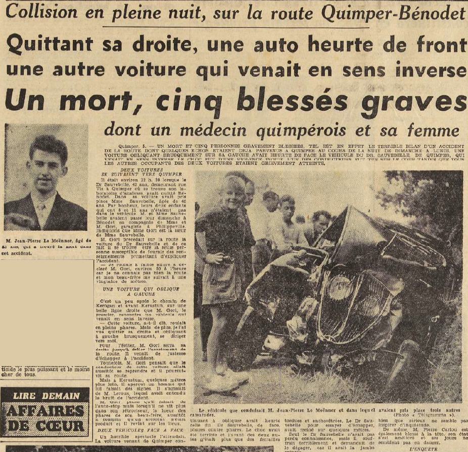 Quimper Accident de voiture Le Moënner Jean-Pierre Le Télégramme de Brest 6 Septembre 1955