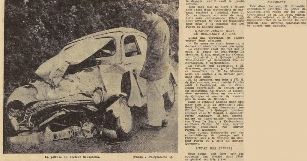 Quimper Accident de voiture docteur Sauvebelle Le Télégramme de Brest 6 Septembre 1955