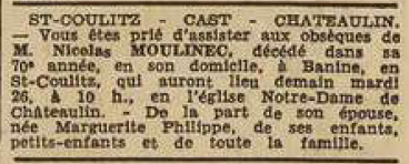 St-Coulitz avis mortuaire Moulinec Nicolas Le Télégramme 25 Juillet 1955