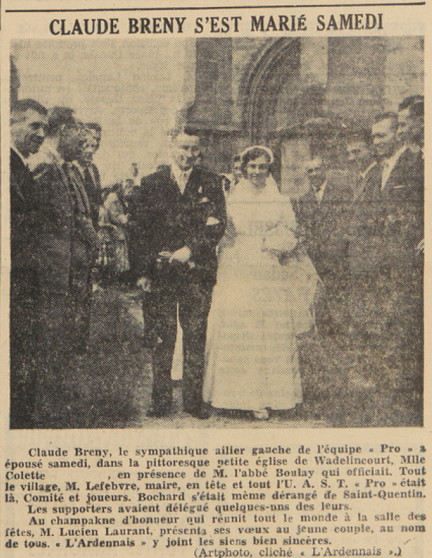 Wadelincourt Mariage Breny Claude avec Melle Colette L'Ardennais 11 juillet 1955
