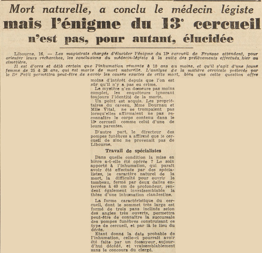 13e cerceuil mort naturelle Le Télégramme de Brest 17 septembre 1953