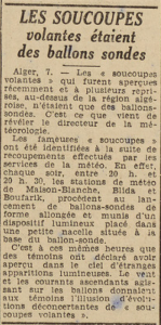 Algérie Les soucoupes volantes étaient des ballons sondes Le Télégramme 8 août 1952
