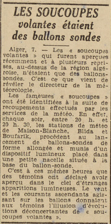Algérie Les soucoupes volantes étaient des ballons sondes Le Télégramme 8 août 1952