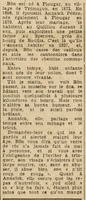 Bodilis Couple Bon Ar C'Hloarec Annick Péden Le Télégramme de Brest 30 août 1952