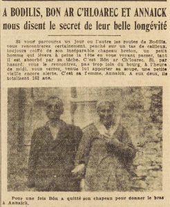 Bodilis Couple Bon Ar C'Hloarec et Annick Péden Le Télégramme de Brest 30 août 1952