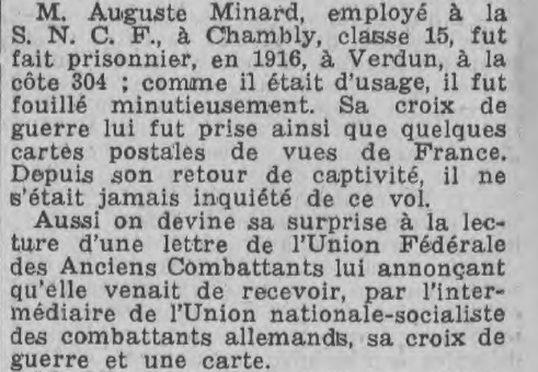Chambly Minard Auguste Un Allemand restitue son butin 22 ans après Le Journal de Rouen 31 juillet 1938
