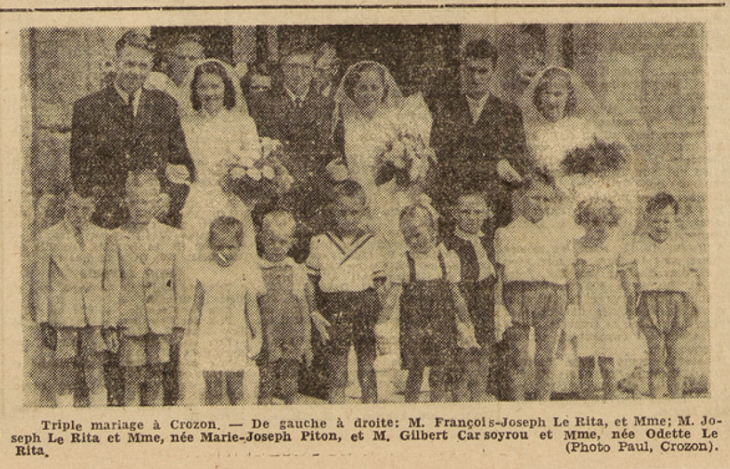 Crozon triple mariage Familles Le Rita Piton et Carsoyrou Le Télégramme 4 août 1952
