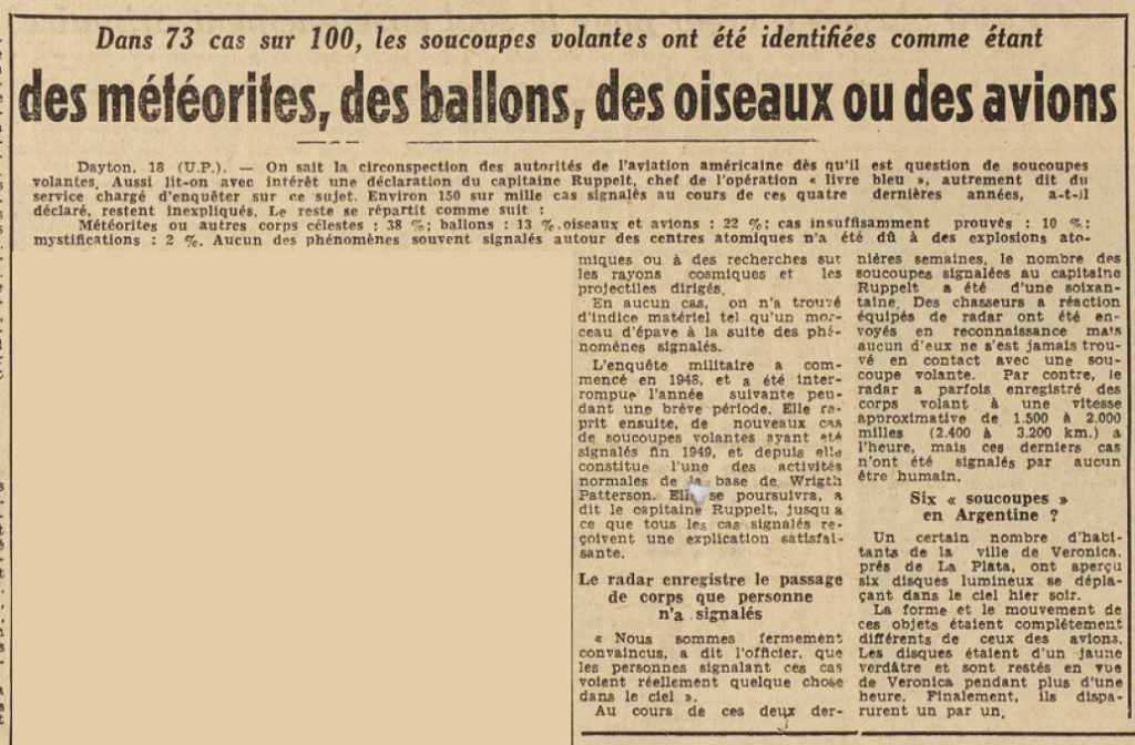 Dans 73 % des cas les soucoupes volantes ont été identifiées comme des météorites des ballons oiseaux ou avions Le télégramme de Brest 19 juillet 1952
