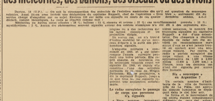Dans 73 % des cas les soucoupes volantes ont été identifiées comme des météorites des ballons oiseaux ou avions Le télégramme de Brest 19 juillet 1952