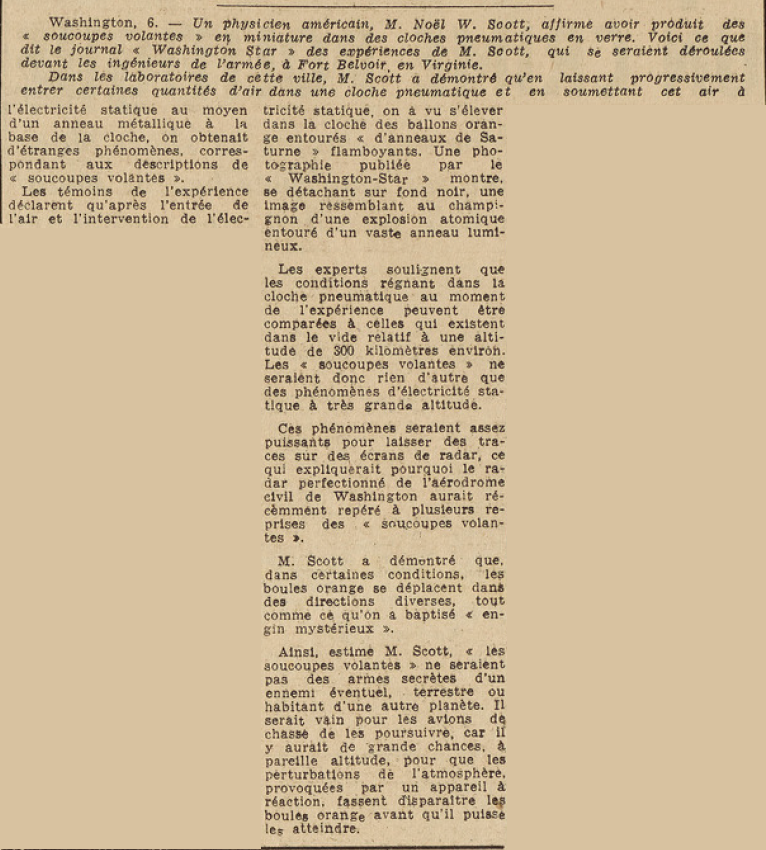 Des soucoupes volantes sous cloches expérience Le Télégramme 7 août 1952