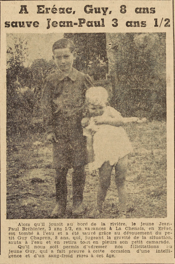 Eréac Chapren Guy 8 ans sauve le petit Bréhinier Paul 3 ans et demi Le Télégramme 6 août 1952