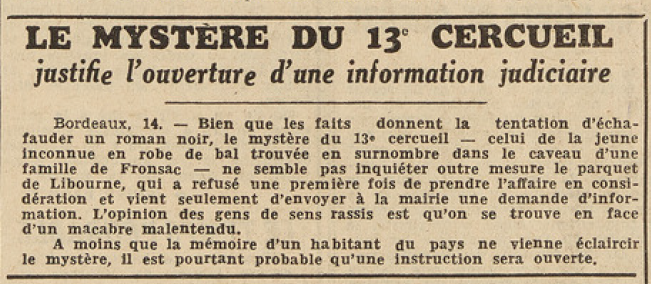 Fronsac Le Mystère du 13e cercueil Le Télégramme de Brest 15 septembre 1953