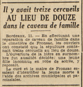 Fronsac Treize cercueils au lieu de douze dans le caveau familiale Le Télégramme de Brest 12 septembre 1953