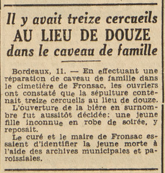 Fronsac Treize cercueils au lieu de douze dans le caveau familiale Le Télégramme de Brest 12 septembre 1953