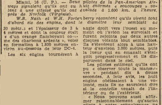 Huit soucoupes volantes aperçues par des aviateurs américains Le Télégramme du 17 Juillet 1952