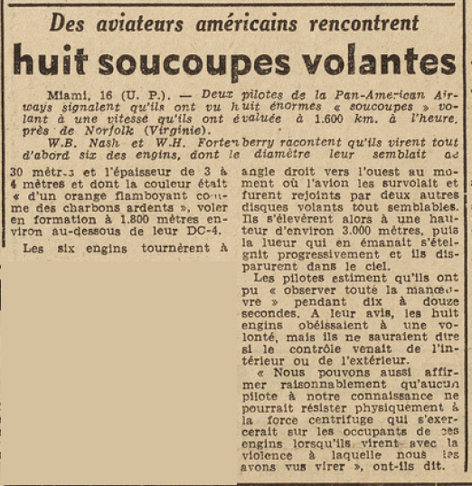 Huit soucoupes volantes aperçues par des aviateurs américains Le Télégramme du 17 Juillet 1952