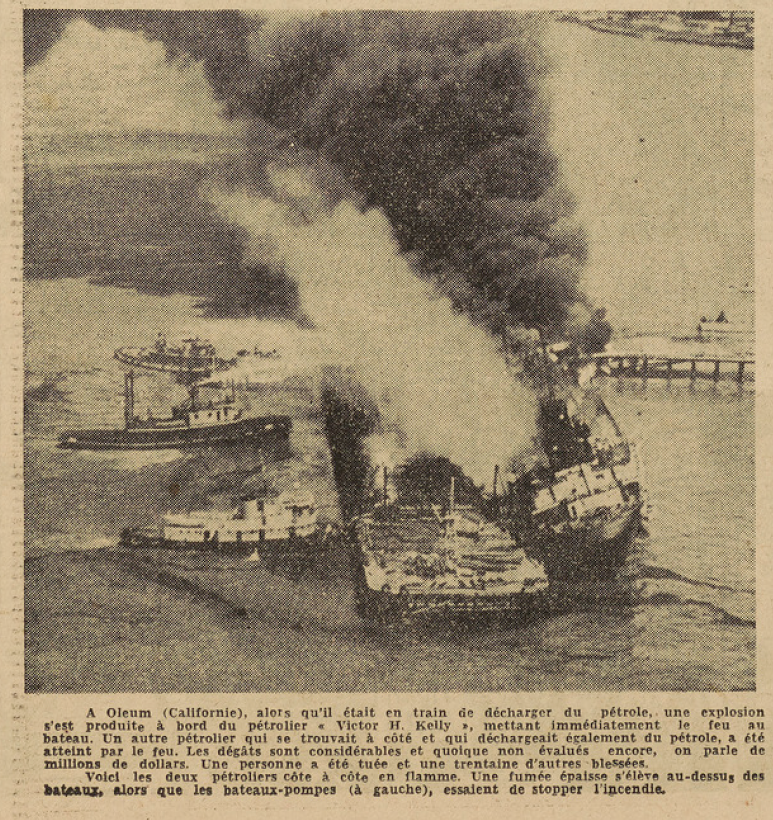 Incendie du pétrolier Victor H Kelly Oleum Californie Le Télégramme du 17 Juillet 1952