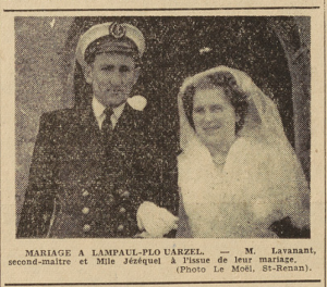 Lampaul-Plouarzel Mariage Lavanant Mr et Mlle Jézéquel Le Télégramme de Brest 26 août 1952