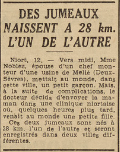 Niort Les jumeaux Noblez naissent à 28 kilomètres l'un de l'autre Le Télégramme 13 août 1952