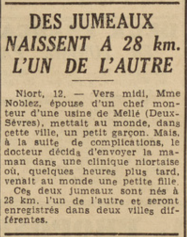 Niort Les jumeaux Noblez naissent à 28 kilomètres l'un de l'autre Le Télégramme 13 août 1952