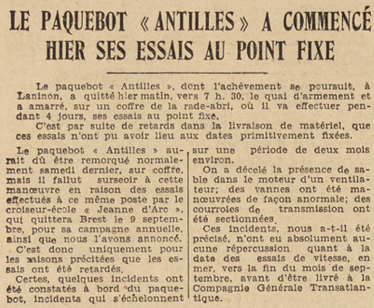 Paquebot Antilles Brest Le Télégramme 27 août 1952